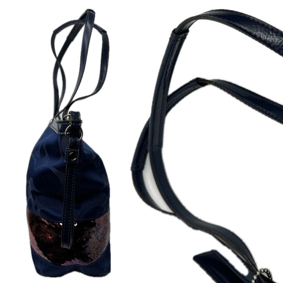 Coach F17574 Signature Tote Handbag Satin Sequins Medium Blue Bag - Picture 8 of 11